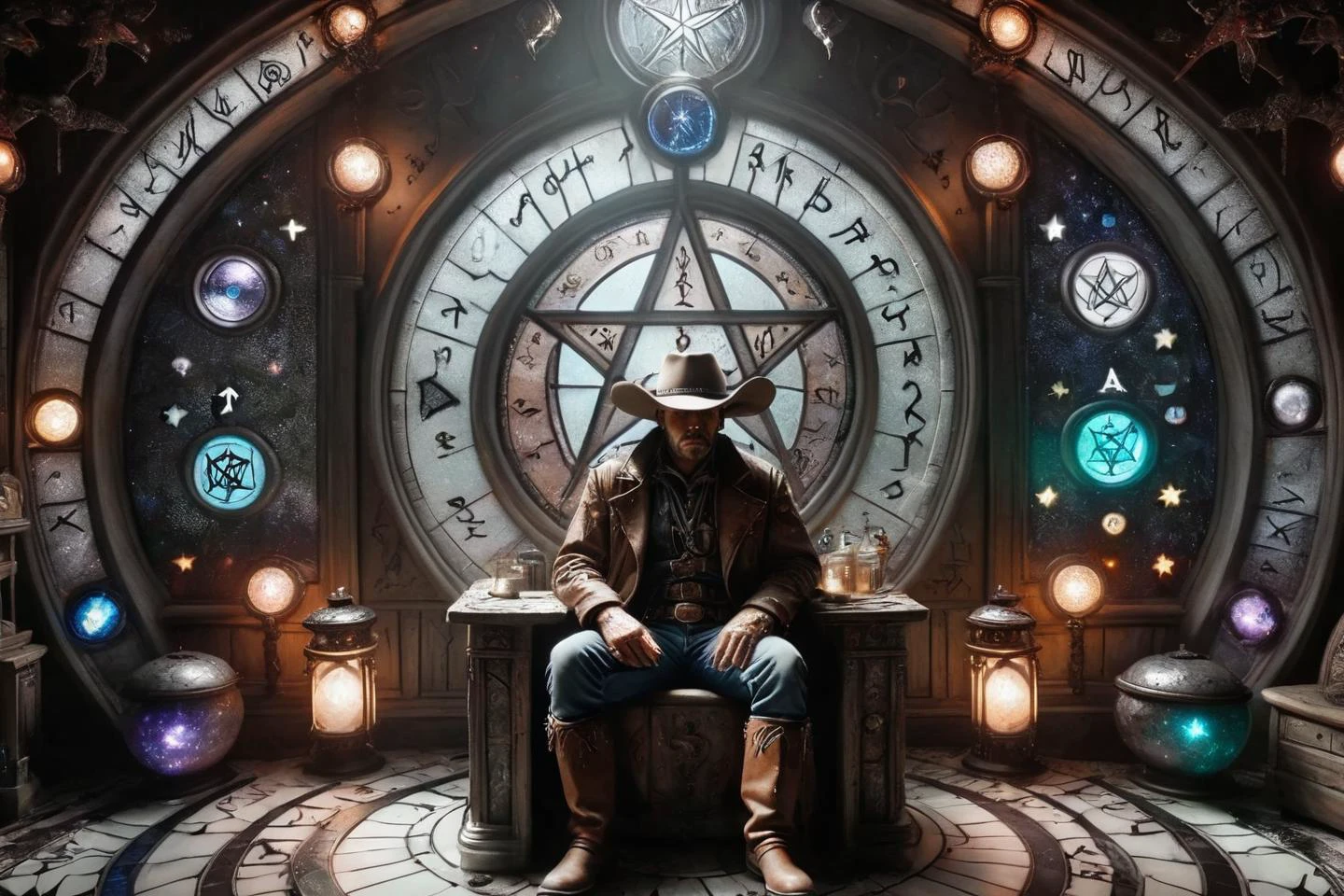 (wizardcoreai:1.1) Stained Glass, mature cowboy sitting in a magical hospital ward. Black-toned, white rune inlays, (corroding:1.46). <lora:WizardCoreAI:1>