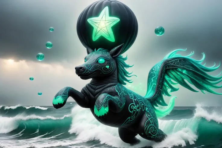 Magical mature balloon-animal jumping over waves on a beach. Black-toned, (turquoise:0.5) rune inlays, (lime-green:0.8) glowing magical fog. wizardcoreai <lora:WizardCoreAI:1>