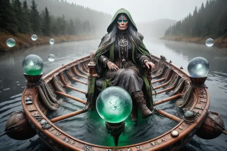 mystical action photo of a mature female chieftan sailing a boat on a river in an arctic landscape. Wet, mud-splattered. Black-toned, glowing green runic inlays, broken orbs, magical fog. wizardcoreai <lora:WizardCoreAI:1.2>