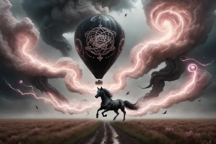Magical mature balloon-animal running away from a tornado in a prairie landscape. Black-toned, (rose:0.5) rune inlays, (black:0.8) glowing magical fog. wizardcoreai <lora:WizardCoreAI:1>
