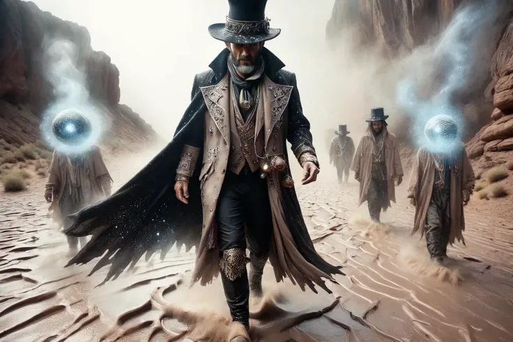 mystical (Magic Realism:0.75), mature male magician walking between desert buttes. Wet, mud-splattered. Black-toned, white runic inlays. Magical fog. wizardcoreai <lora:WizardCoreAI:1.2>
