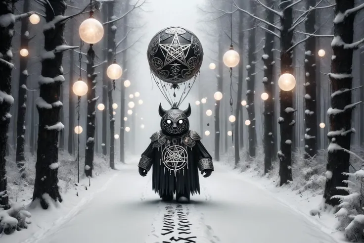 (wizardcoreai:1.21) Cubism, mature balloon-animal walking on a trail through a snowy forest. Black-toned, white rune inlays, glowing magical fog. <lora:WizardCoreAI:1>