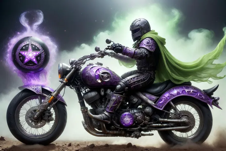 Magical mature balloon-animal riding a motorcycle in a race on a dirt road through mountains. Black-toned, (violet:0.5) rune inlays, (lime-green:0.8) glowing magical fog. wizardcoreai <lora:WizardCoreAI:1>