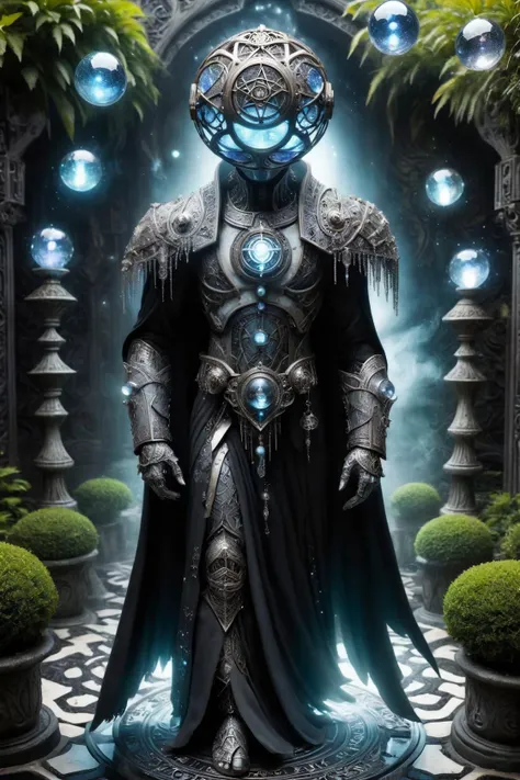(wizardcoreai:1.21) Art Deco, glowing golem with crystal orb head walking in formal gardens. Black-toned, white rune inlays, black magic fog, wet, arcane flares. <lora:WizardCoreAI:1>