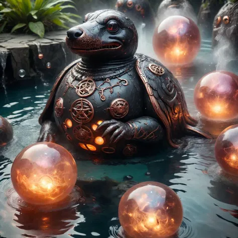Magical mature balloon-animal bathing in a hot spring pool, steamy. Black-toned, (copper:0.5) rune inlays, (crimson:0.8) glowing magical fog. wizardcoreai <lora:WizardCoreAI:1>