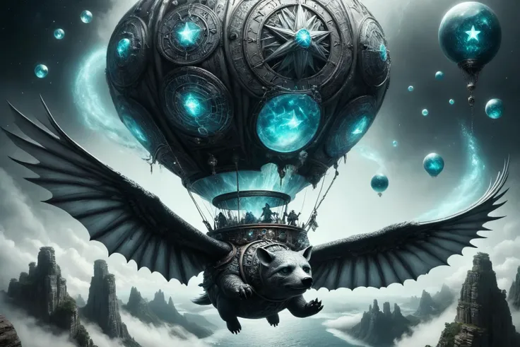 Magical mature balloon-animal flying in a hot air balloon over a canyon landscape. Black-toned, (teal:0.5) rune inlays, (silver:0.8) glowing magical fog. wizardcoreai <lora:WizardCoreAI:1>