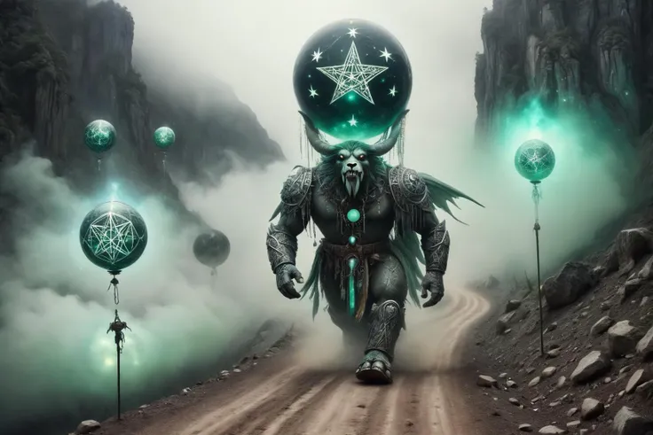 Magical mature balloon-animal walking on an empty dirt road through mountains. Black-toned, (pale-green:0.5) rune inlays, (verdigris:0.8) glowing magical fog. wizardcoreai <lora:WizardCoreAI:1>