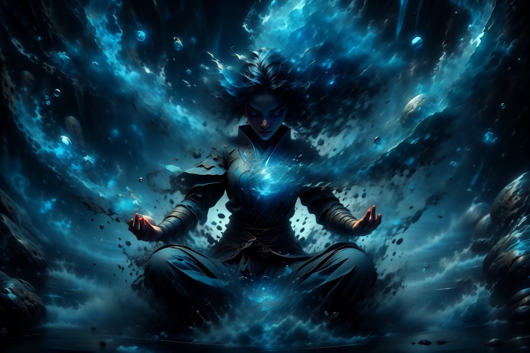 A girl is meditating, lotus_position, cute face, eyes closed and long hair flowing, (levitating), a stream, cascade, gives off a vibrant blue aura, floating droplets and pebbles, fantasy, surreal, vibrant colors, <lora:add_detail:0.4>, <lora:WizardCoreAISD15:0.4> <lora:御水 V3:0.8> , <lora:fantchar_v4:0.8> fantchar, <lora:r1ge - AnimeRage:0.8> rage, <lora:ral-dissolve:0.8> ral-dissolve