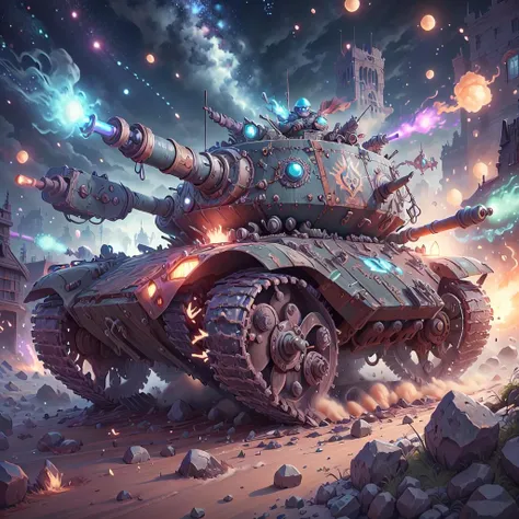 masterpiece, absurdres, extremely detailed, <lora:Madeofdelftwareai:0.6>, madeofdelftwareai, (black delftware, brown delftware, purple delftware, green delftware, blue delftware, red delftware, yellow delftware), battle tank, day, volumetric lighting,