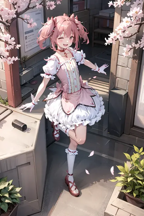 sunshine, windy, cherry blossoms, cherry blossom garden, aesthetic, intricate, sharp focus, best quality, extremely detailed,1girl, solo, from above, BREAK Madoka Kaname, (detailed shiny_anime_style_eyes), flat chest, extremely detailed textures, laughing, (running in a cherry blossom garden), casual pose, posing <lora:MadokaKaname:1>
