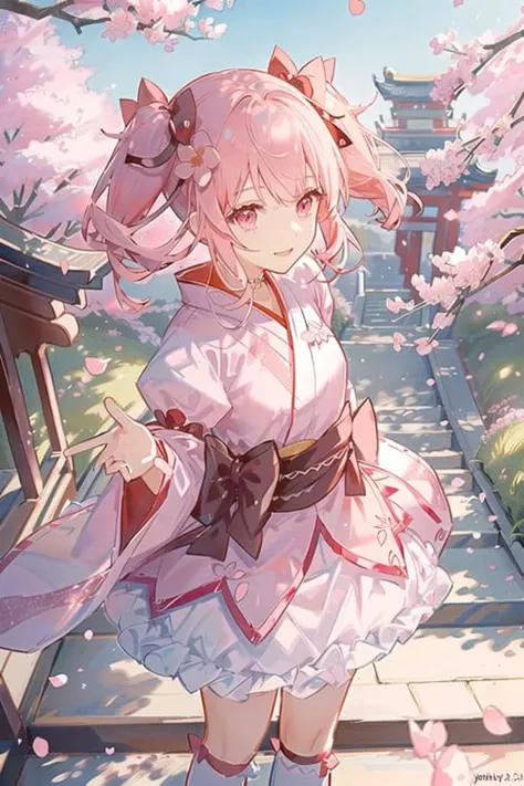 1girl, solo, from above, \(cherry blossoms field\), aesthetic, intricate, best quality, detailed background, Madoka Kaname, (\girl wearing a patterned pink kimono:1.2\), \(standing in a field of pink flowers\), casual pose, detailed textures, posing, floral print, hair flower, hair ornament, japanese clothes, kimono, obi, outdoors, pagoda, petals, pink kimono, sash, shrine, sky, stone stairs, torii, wide sleeves, yukata <lora:MadokaKaname:1>