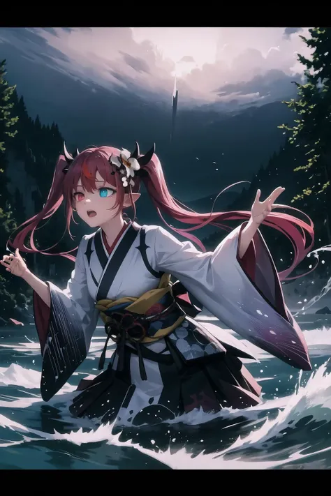 masterpiece, best quality, IrysHolo, heterochromia, long hair, twintails, hair ornament, hair flower, wide sleeves, print kimono, obi, <lora:Char_VTuber_IRys:0.9>, Blend swirling gradients of contrasting colors, with wild and dynamic brushstrokes and overlapping splashes, creating a sense of movement and chaotic energy, mountains, water, trees, night, (dark environment)