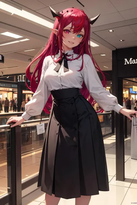 masterpiece, best quality, absurdres, IrysHolo, heterochromia, long hair, high-waist skirt, long skirt, white skirt, black shirt, long sleeves, smile, standing, indoors, shopping mall, <lora:CHAR-IRySv2:1>