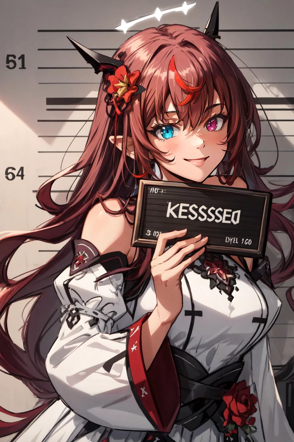 (masterpiece, best quality), intricate details,
1girl, <lora:IrysHololive:0.8> IrysHolo, heterochromia, long hair, halo, IrysBase, heterochromia, long hair, white dress, bare shoulders, white dress, flower, detached sleeves, halo,
<lora:barbie_mugshot_B:0.8> barbie mugshot, holding sign, smirk, smug, looking at viewer,