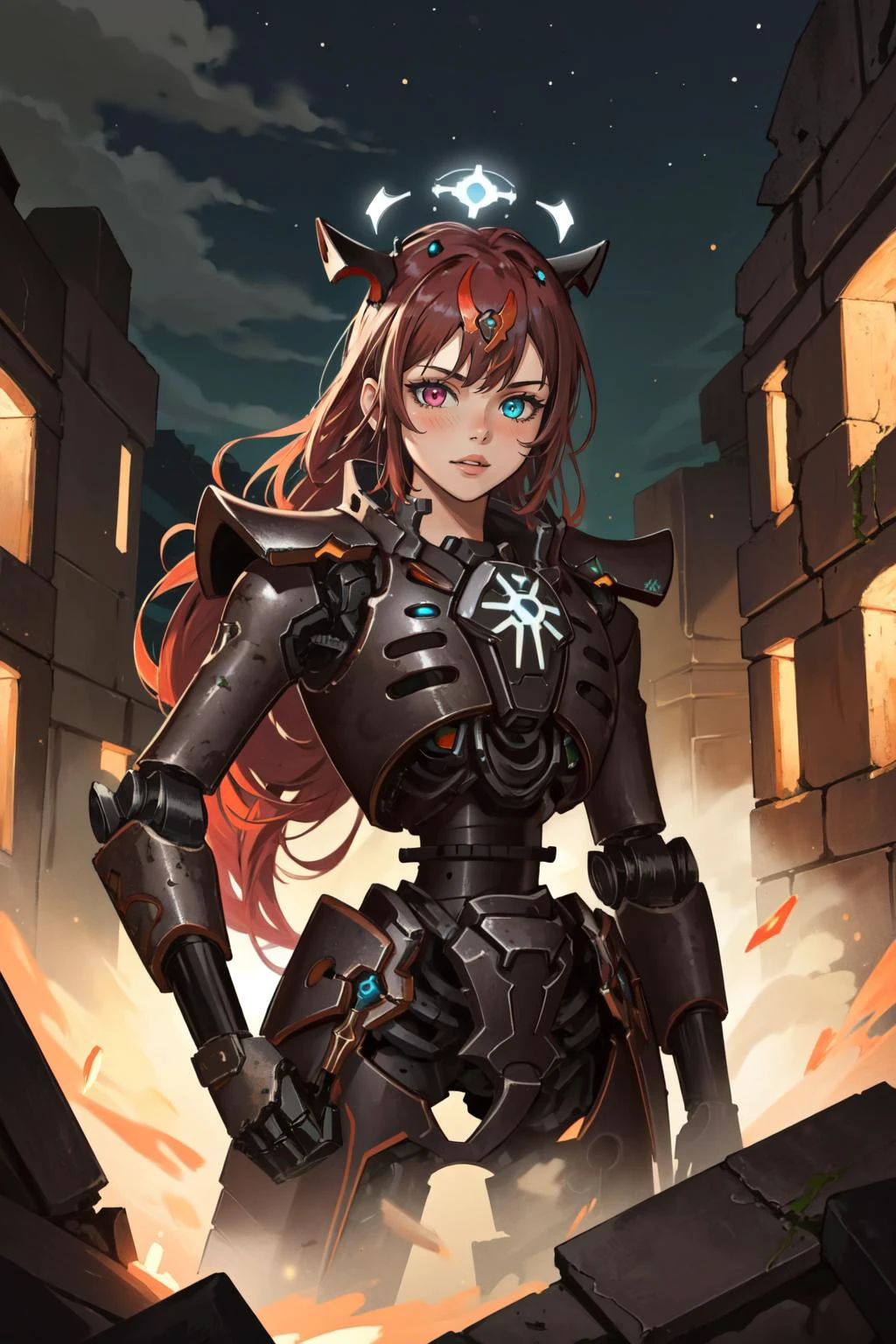 (masterpiece, best quality), intricate details,
1girl, <lora:IrysHololive:0.8> IrysHolo, heterochromia, long hair, halo,
<lora:necons:0.8> necrons, armor, glowing, robot, ancient city, underground ruins, dark, night,