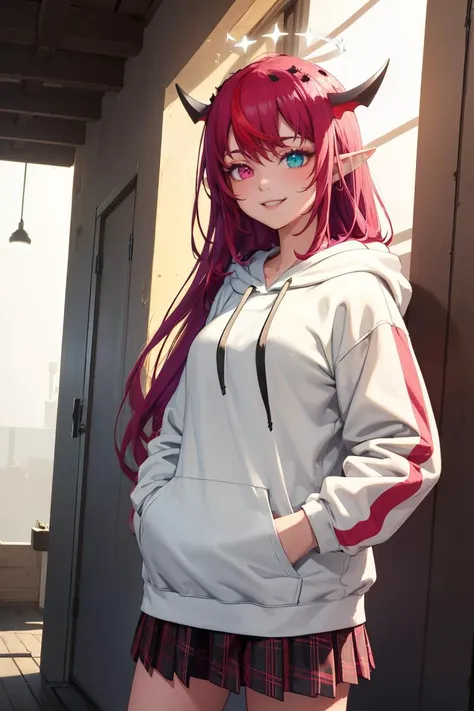 masterpiece, best quality, absurdres, IrysHolo, heterochromia, long hair, double halo, indoors, plaid skirt, hoodie, smile, hands in pockets, <lora:CHAR-IRySv2:1.0>