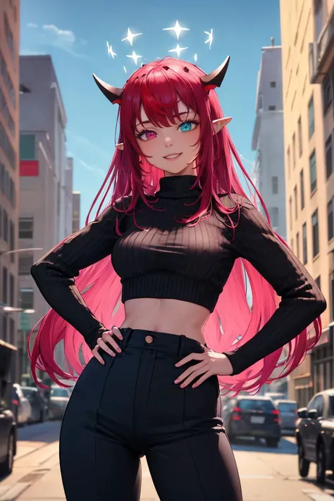 masterpiece, best quality, absurdres, IrysHolo, heterochromia, long hair, double halo, sweater, ribbed sweater, long sleeves, high-waist pants, outdoors, city, hands on hips, smile, <lora:CHAR-IRySv2:1>