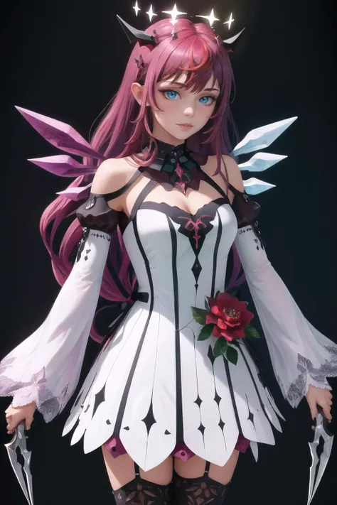 Highly detailed, High Quality, Masterpiece, beautiful, 1girl, solo, DualWielding, <lora:UnlimitedBladeWorks1.6:0.9>, IrysBase, heterochromia, long hair, white dress, thighhighs, bare shoulders, white dress, flower, detached sleeves, halo, detached wings, <lora:Char_VTuber_IRys:0.9>