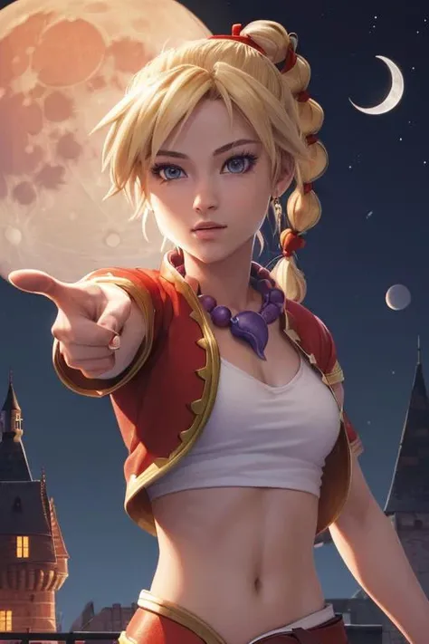 (masterpiece, best quality, highres, absurdres, ultra-detailed:1.2), 1girl, blonde twisted ponytail, necklace, red crop jacket, (nightime, castle, brick bridge, full red moon, pointing at moon:1.3)
<lora:kidChronoCross_v2:0.9>kid (chrono cross)