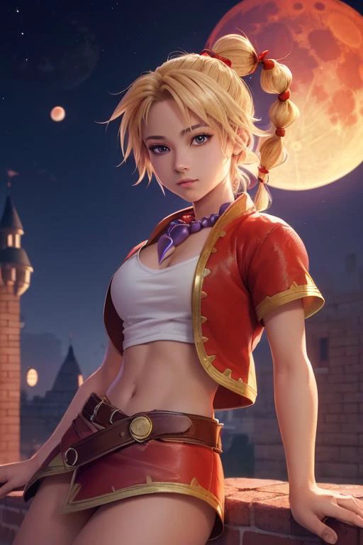 (masterpiece, best quality, highres, absurdres, ultra-detailed:1.2), 1girl, blonde twisted ponytail, necklace, red crop jacket, (nightime, castle, brick bridge, full red moon:1.3)
<lora:kidChronoCross_v2:0.9>??? (chrono cross)