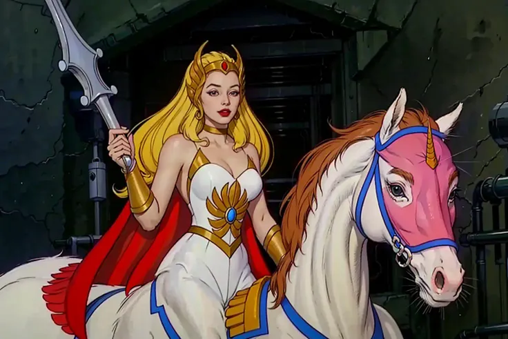raw photo of a 1girl, (solo:1.3),
1girl, solo, She-ra, long hair, blonde hair, blue eyes, tiara, white dress, choker, red cape, makeup, lipstick,
breasts, medium breasts, bracer, wristband,
looking at viewer, portrait,
weapon, sword, cape, parody, Sword of Grayskull, sword of power,
boots, white horse, riding, pegasus, unicorn,
rating:safe, 1980s \(style\), retro artstyle,
Dynamic pose,
smug smile,
tall , (muscular body:1.3), (femenine hands:1.3),
skindentation, narrow waist, thighs, wide hips, half eye close, eyeliner, eyelashes, perfect face, detailed eyes, facial lighting,
looking at viewer (masterpiece, high quality:1.2) <lora:She-ra_1985-10:0.6>