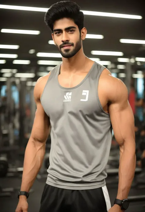 4k, Sacha Dhawan a man <lora:Rishabh-Jaiswal_Sacha-Dhawan:0.75> in the gym, sweaty, muscular, abs, pecs, slight smile, back to camera, flexing, guys in the background admiring him.