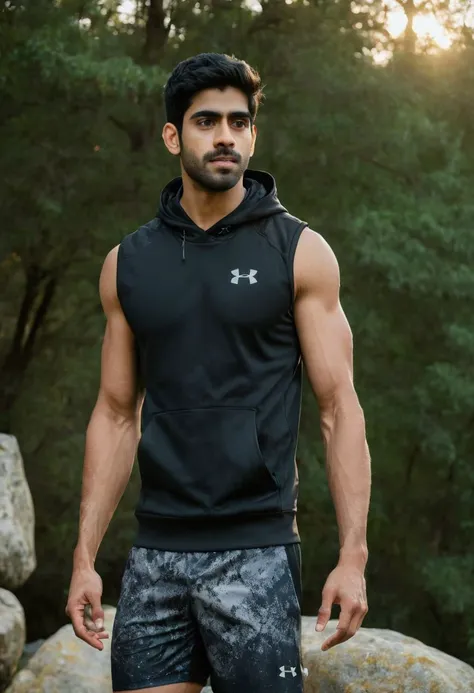 photo of Sacha Dhawan a man <lora:Rishabh-Jaiswal_Sacha-Dhawan:0.6>, wearing a sleeveless well-fitted under armour hoodie and compression shorts, standing on a boulder, outdoor trail, 35mm photograph, film, bokeh, professional, 4k, highly detailed, creek in the background, natural lighting, golden hour