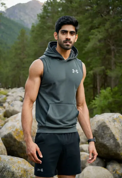 photo of Sacha Dhawan a man <lora:Rishabh-Jaiswal_Sacha-Dhawan:0.6>, wearing a sleeveless well-fitted under armour hoodie and compression shorts, standing on a boulder, outdoor trail, 35mm photograph, film, bokeh, professional, 4k, highly detailed, creek in the background, natural lighting, golden hour