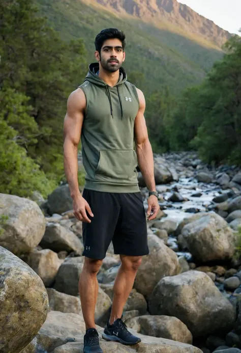 photo of Sacha Dhawan a man <lora:Rishabh-Jaiswal_Sacha-Dhawan:0.6>, wearing a sleeveless well-fitted under armour hoodie and compression shorts, standing on a boulder, outdoor trail, 35mm photograph, film, bokeh, professional, 4k, highly detailed, creek in the background, natural lighting, golden hour