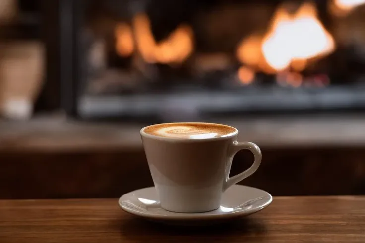 a cup of coffee, fireplace in the background, kkw-ph1