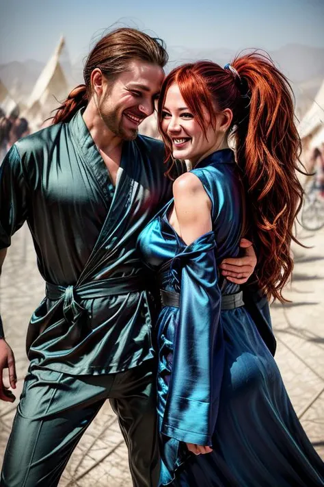 to8highkey, (closeup) detailed face, woman and man having fun, dynamic pose, dynamic angle, sun-dappled,(flowing fabrics:1.5) silk robes, burner_style, at Burningman afternoon,mega ponytail, wild long red hair, massive mammaries, big tits,covered nipples, <lora:burner_style_v1:0.2> <lora:mega_ponytail-1.0:0.6> <lora:flowing-fabrics:0.8> <lora:covered_nipples_v20:0.3> <lora:to8highkey-1-5:0.3>