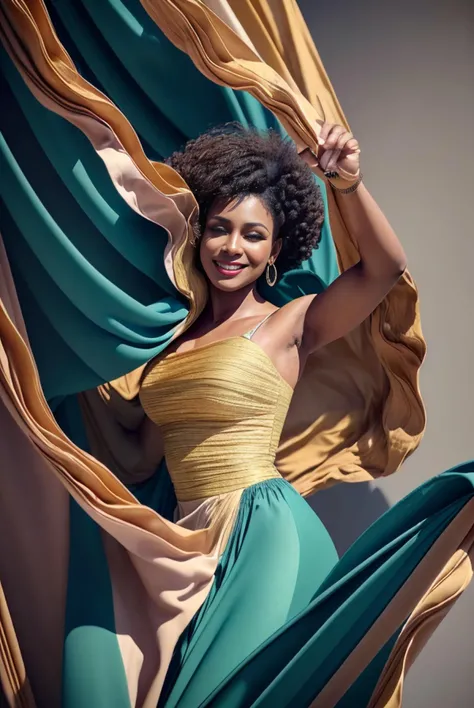 (flowing-fabrics:1.4), intricated flowing fabrics, vintage Afro-Caribbean woman, elegant attire, 1950s fashion, radiant smile, confident stance, cultural pride,multicolored fabrics, epic cinematic, hyper realistic, ultra detailed, soft studio lights, strong rim light, octane render, absurd, masterpiece, 8K