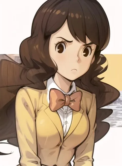 best quality, (masterpiece),(ultra-detailed), (high quality), (high resolution), <lora:emmya-10:1>,1girl, black eyes, bow, bowtie, brown eyes, brown hair, clenched hand, closed mouth, emmy altava, frown, long hair, long sleeves, medium breasts, school uniform, solo, white background, white shirt,yellow jacket,