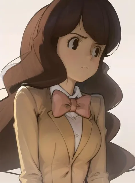 best quality, (masterpiece),(ultra-detailed), (high quality), (high resolution), <lora:emmya-10:1>,1girl, black eyes, bow, bowtie, brown eyes, brown hair, clenched hand, closed mouth, emmy altava, frown, long hair, long sleeves, medium breasts, school uniform, solo, white background, white shirt,yellow jacket,