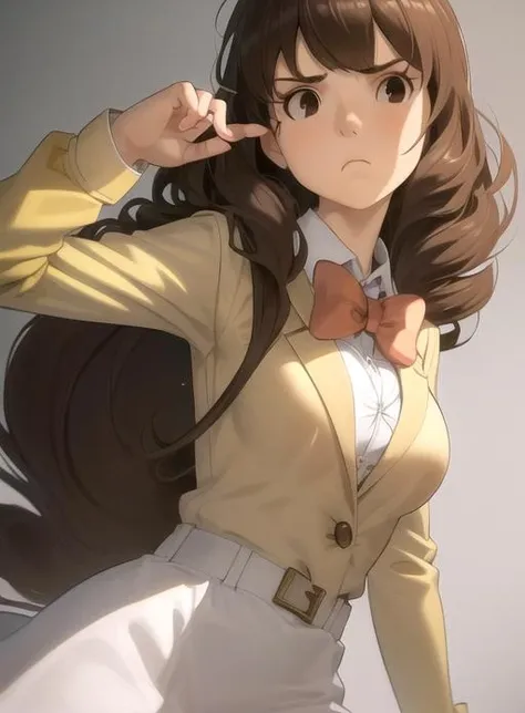 best quality, (masterpiece),(ultra-detailed), (high quality), (high resolution), <lora:emmya-10:0.7>,1girl, black eyes, bow, bowtie, brown eyes, brown hair, clenched hand, closed mouth, emmy altava, frown, long hair, long sleeves, medium breasts, school uniform, solo, white background, white shirt,yellow jacket,