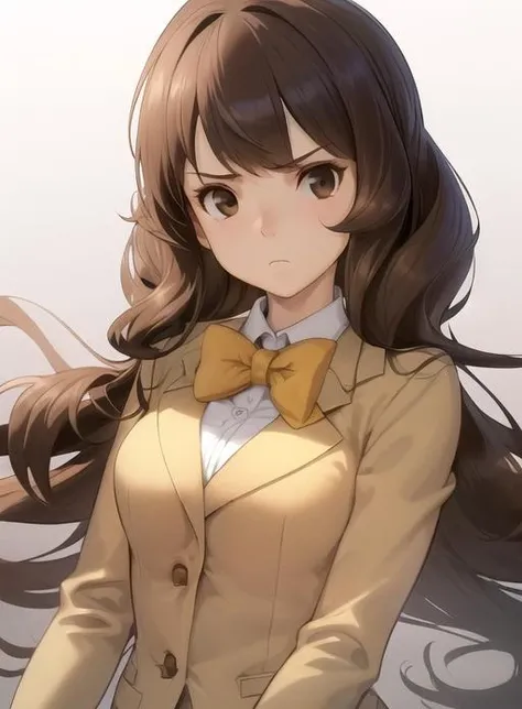 best quality, (masterpiece),(ultra-detailed), (high quality), (high resolution), <lora:emmya-10:0.7>,1girl, black eyes, bow, bowtie, brown eyes, brown hair, clenched hand, closed mouth, emmy altava, frown, long hair, long sleeves, medium breasts, school uniform, solo, white background, white shirt,yellow jacket,