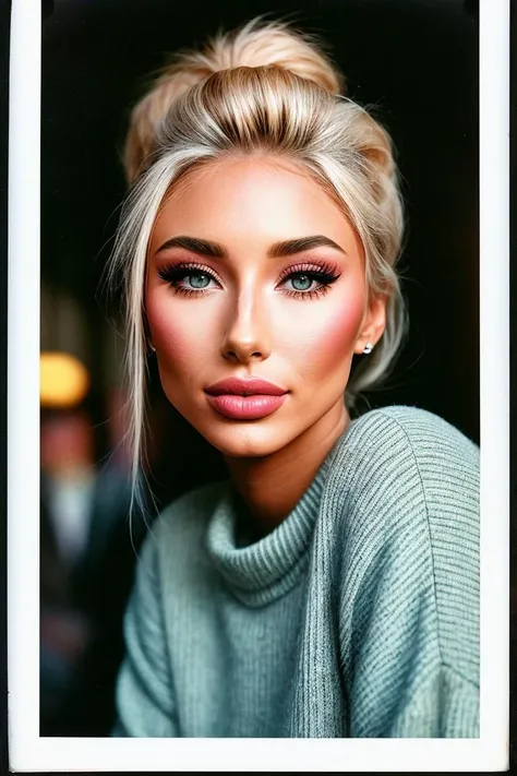 photo of (j4d3sk:0.99), closeup portrait, perfect blonde hair, hair upsweep updo, posing, (vintage photo, sweater), perfect skin, (Polaroid frame), 160mm f/8, 1/10s, ISO 25, ((tintype)), (analog, film, film grain:1.3), ((on a paris street, burlesque, night, gritty)), happy, 80s, ((detailed eyes)), (colorful), (high cheekbones)