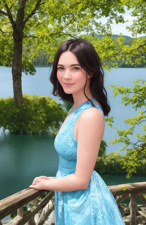 masterpiece, best quality, optimal exposure, aperture f/2, shallow depth of field, shutter speed 1/1000, ISO 400, close up, beautiful woman, (((wearing a beautiful dress))), lake, blue sky, trees, outside, ((detailed)), colorful, vibrant, ((photorealistic)), digital painting, by Artgerm