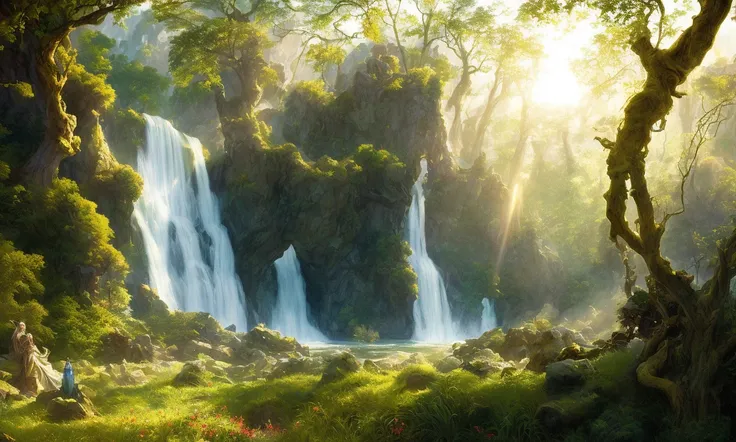 landscape portrait of a lush magical fantasy valley between mountains, blue river flowing between forests, blue crystal rocks jutting out of the ground, stone pillars, enormous cave entrance, castle in background, daytime, white fluffy clouds, beautiful wildflowers cover the ground, waterfall, (backlighting), realistic, masterpiece, highest quality, ((intricate armor)), fantasy forest in background, ((excited)), lens flare, shade, bloom, ((light sparkles)), [chromatic aberration], by Jeremy Lipking, by Antonio J. Manzanedo, by (Alphonse Mucha), digital painting