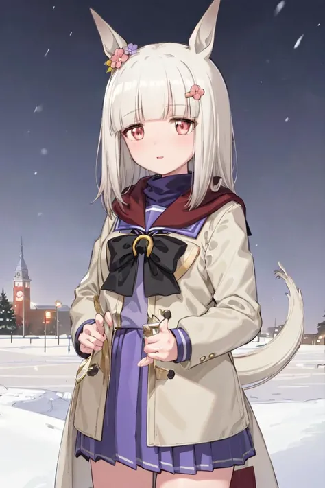 masterpiece, best quality,
happy meek \(umamusume\),
winter, snow,
winter coat, brown coat, red scarf,
tracen school uniform, hair flower, hairclip, winter uniform, puffy long sleeves, sailor collar, purple shirt, white bowtie, horseshoe ornament, purple skirt, pleated skirt,
<lora:happy_meek_loha-000010:0.7>