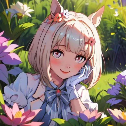 masterpiece, best quality, close up, face shot,
happy meek \(umamusume\), aquarium, smile, look at viewer, hair flower, hairclip, striped bowtie, blue bowtie, brooch, jewelry, collared shirt, dress shirt, white shirt, blue vest, white jacket, open clothes, open jacket, puffy short sleeves, frilled sleeves, white gloves, pleated skirt, blue skirt, boots, white footwear
<lora:happy_meek_loha-000010:0.7>