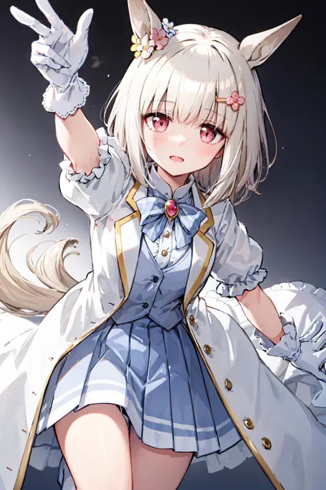 Best quality, masterpiece, ultra high res,
happy meek \(umamusume\), hair flower, hairclip, striped bowtie, blue bowtie, brooch, jewelry, collared shirt, dress shirt, white shirt, blue vest, white jacket, open clothes, open jacket, puffy short sleeves, frilled sleeves, white gloves, pleated skirt, blue skirt, boots, white footwear <lora:happy_meek_loha:0.7>