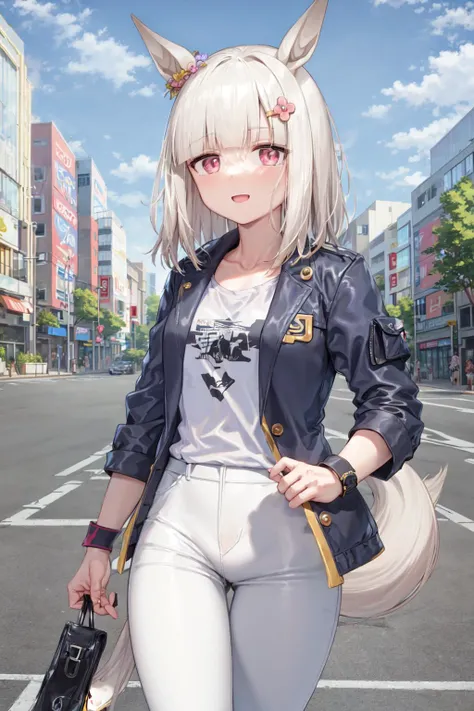 masterpiece, best quality,
happy meek \(umamusume\),
outdoors, building, street,
wristband,
black shirt, blue jacket, open jacket, white pants,
<lora:happy_meek_loha-000010:0.7>