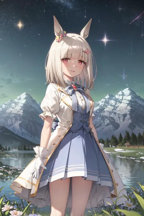 masterpiece, best quality,
happy meek \(umamusume\), outdoors, white flower, scenery, cloud, standing, white dress, star \(sky\), white gloves, lake, open clothes, water, mountainous horizon, starry sky, parted lips, hair flower, hairclip, white jacket, blurry foreground, pleated skirt, looking at viewer, smile, puffy short sleeves, striped bowtie, blue bowtie, brooch, collared shirt, white shirt, dress shirt, blue vest, open jacket, frilled sleeves, blue skirt, jewelry
<lora:happy_meek_loha-000010:0.7>