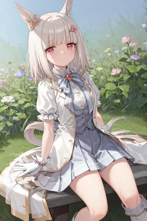 masterpiece, best quality,
happy meek \(umamusume\),
invisible chair, sitting,
closed mouth, looking up,
hair flower, hairclip, striped bowtie, blue bowtie, brooch, jewelry, collared shirt, dress shirt, white shirt, blue vest, white jacket, open clothes, open jacket, puffy short sleeves, frilled sleeves, white gloves, pleated skirt, blue skirt, boots, white footwear
<lora:happy_meek_loha-000010:0.7>