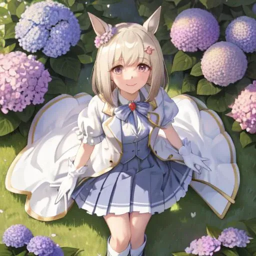 masterpiece, best quality, close up, face shot, happy meek \(umamusume\), hydrangea, smile, look at viewer, looking up, from above, hair flower, hairclip, striped bowtie, blue bowtie, brooch, jewelry, collared shirt, dress shirt, white shirt, blue vest, white jacket, open clothes, open jacket, puffy short sleeves, frilled sleeves, white gloves, pleated skirt, blue skirt, boots, white footwear <lora:happy_meek_loha-000010:0.7>