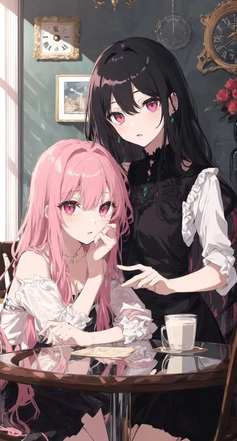 (((masterpiece))),(((best quality))),rough sketch, ((illustration)),((an extremely beautiful)),beautiful detailed eyes, (yuri),two girls,a girl have balck long hair and green eyes,
,another girl have goledn hair and pink eyes,
coffee house,table,wall clock,glass background
Negative prompt: lowres, bad anatomy, bad hands, text, error, missing fingers, extra digit, fewer digits, cropped, worst quality, low quality, normal quality, jpeg artifacts, signature, watermark, username, blurry,bad feet,EasyNegative,umbrella
Steps: 20, Sampler: DPM++ SDE Karras, CFG scale: 6.5, Seed: 1461278313, Size: 448x832, Model hash: 5716bee288, Denoising strength: 0.55, Clip skip: 2, ENSD: 31337, Hires upscale: 2, Hires upscaler: Latent (nearest)