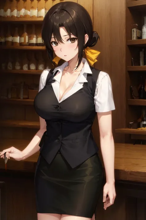 <lora:Kyoko_LoHa_LeaderThree_v1:1>,
HazukiKyokoLT, sugina miki style, yellow ribbon, black eyes, black hair, low ponytail, hair between eyes, bangs, collarbone, pencil skirt, cleavage, large breasts,
bartender, collared shirt, vest, bar /(place/), counter,