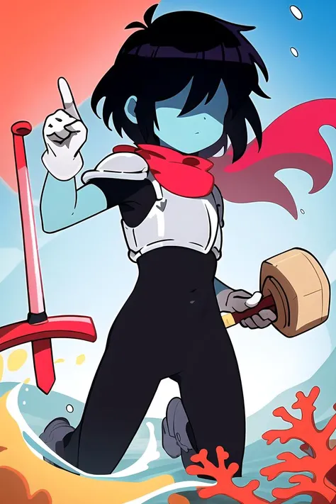 masterpiece, best quality, highres, 1other, hair over eyes, colored skin, solo, blue skin, androgynous, black bodysuit, bodysuit, black hair, gloves,red scarf, <lora:KrisDeltarune:0.8>, (armor), 1girl, underwater, coral, :c, outdoors, perfect hands, hand out of frame, swimming, sword, weapon, holding,