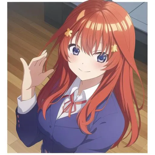 <hypernet:itsuki-4000:0.8>, itsuki nakano, highres,(masterpiece_1.0),(best quality_1.0),(seiza),schoolgirl,hair decoration,(smirk),1girl, full body, perspective from above